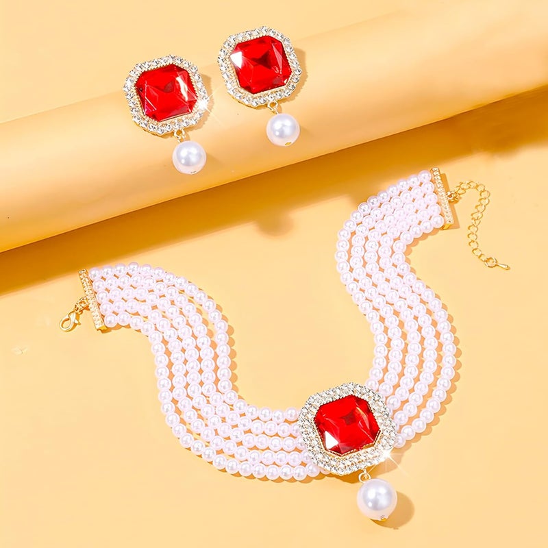 CIOOU Pearl Choker Necklace for Women Gold Crystal Rhinestone Pearl Collar Statement Necklaces Earrings Bridal Pearls Diamond jewelry Set for Wedding - Image 3
